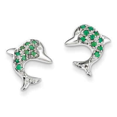 Emerald &amp; Diamond Dolphin Post Earrings Sterling Silver Rhodium QDX309, MPN: QDX309, 883957355238