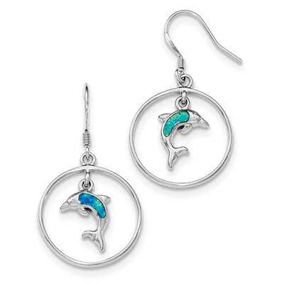 Circle with Created Blue Opal Dolphin Dangle Earrings Sterling Silver Rhodium QE12600, MPN: QE12600…