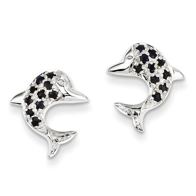 Sapphire &amp; Diamond Dolphin Post Earrings Sterling Silver Rhodium QDX308, MPN: QDX308, 883957432915