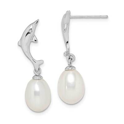 7-8mm White Rice Freshwater Cultured Pearl Dolphin Earrings Sterling Silver Rhodium Plated QE15337,…