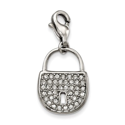 Polished and Crystal Lock with Lobster Clasp Charm Stainless Steel SRCH240