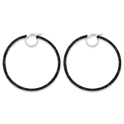Black Glitter Enamel Glitter Hoop Earrings Sterling Silver Rhodium QE8568, MPN: QE8568, 883957564814