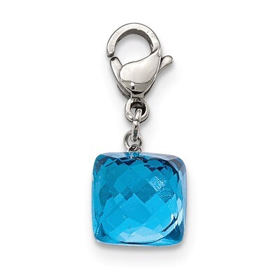 Polished Blue Glass Square Lobster Clasp Charm Stainless Steel SRCH150