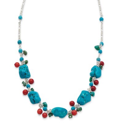 16 Inch Dyed Howlite Turquoise Red Coral Necklace Sterling Silver QH2313-16, MPN: QH2313-16, 886774…