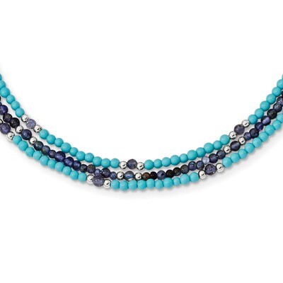 Iolite Lapis Quartz Recon. Turquoise 3-Strand with 2 inch Extender Necklace 18 Inch Sterling Silver…