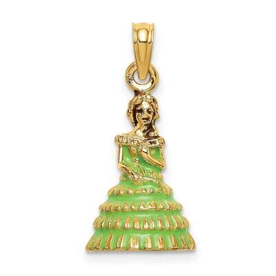 Green Dress Enamel Charleston Southern Belle Charm 14k Gold 3-D K6889, MPN: K6889, 637218128532