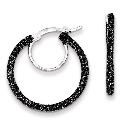 Black Glitter Enamel Glitter Hoop Earrings Sterling Silver Rhodium QE8572, MPN: QE8572, 883957559438