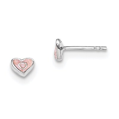 Child&#39;S Pink Glittered Enamel Heart Earrings Sterling Silver Rhodium-plated QE11250, MPN: QE11250, …