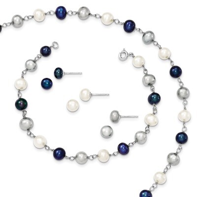 Cultured Pearl Necklace, Bracelet &amp; 3pc Earring Set Sterling Silver QH4856SET, MPN: QH4856SET, 8839…