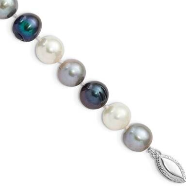 8-9mm Bk/Gr/Wt Semi-Round Cultured Freshwater Pearl Bracelet 7.5 Inch Sterling Silver Rhodium-plate…