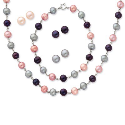 Cultured Pearl 18 Inch Necklace 7.25 Inch Bracelet &amp; 3pc Earring Set Sterling Silver QH4837SET, MPN…