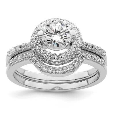 CZ Halo Engagement Ring &amp; Band Set Sterling Silver Rhodium-Plated QR7299, MPN: QR7299,