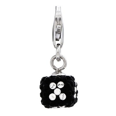 3-D White-Black Crystal Mini Dice with Lobster Clasp Charm Sterling Silver QCC861