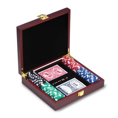 Cherry Finish Wood Case 100 Clay Chips 2 Card Decks 5 Dice Poker Set GM21251, MPN: GM21251, 7971404…