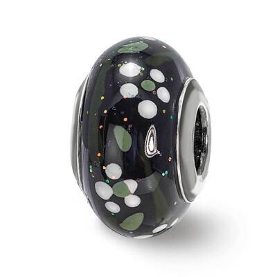 White Flower Glitter Black Italian Glass Bead Sterling Silver QRS4022, MPN: QRS4022,