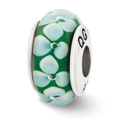 Teal Flowers Hand Blown Glass Bead - Sterling Silver QRS2628, MPN: QRS2628, 883957574400