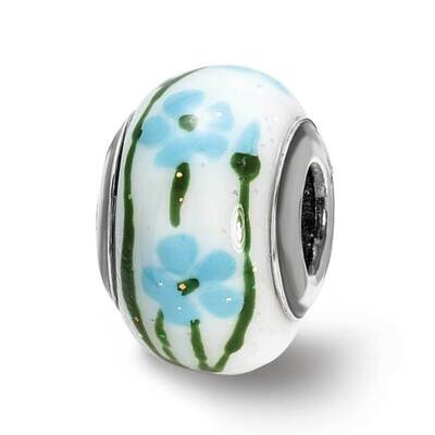 Blue Green Glitter Flower Italian Glass Bead Sterling Silver QRS4025, MPN: QRS4025,