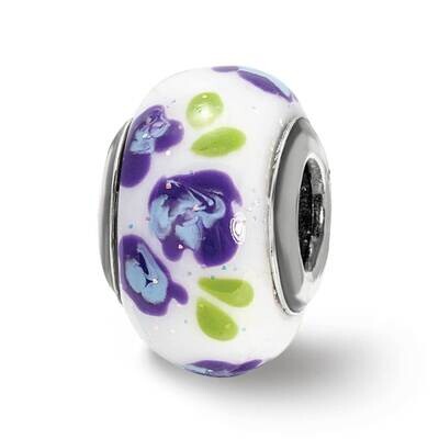 Purple Blue Glitter Flower Italian Glass Bead Sterling Silver QRS4024, MPN: QRS4024,