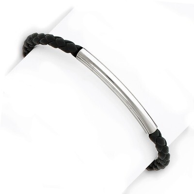 7 Inch Braided Black Leather Bracelet Sterling Silver QG1083-7, MPN: QG1083-7, 883957992907