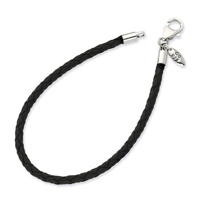 9 Inch Black Leather Bead Bracelet - Sterling Silver QRS983-9, MPN: QRS983-9, 883957859644