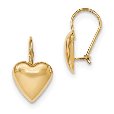 11.5mm Puffed Heart Kidney Wire Earrings 14k Gold Polished H1042, MPN: H1042, 658226130416