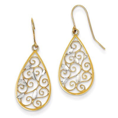 Diamond-cut Filigree Teardrop Wire Earrings 14K Gold &amp; Rhodium K4363, MPN: K4363, 637218139057