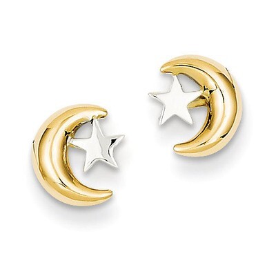 Moon &amp; Star Post Earrings 14k Gold Polished &amp; Rhodium YE325, MPN: YE325, 886774563718