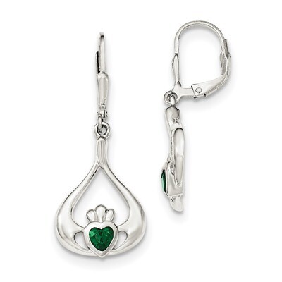 Green CZ Diamond Heart Leverback Claddagh Dangle Earrings Sterling Silver QE12571, MPN: QE12571, 88…