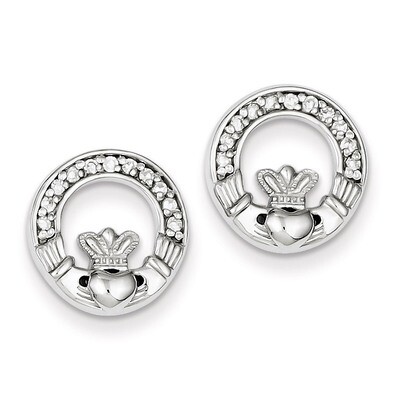 Diamond Claddagh Post Earrings Sterling Silver Rhodium Plated QE9223, MPN: QE9223, 883957010892