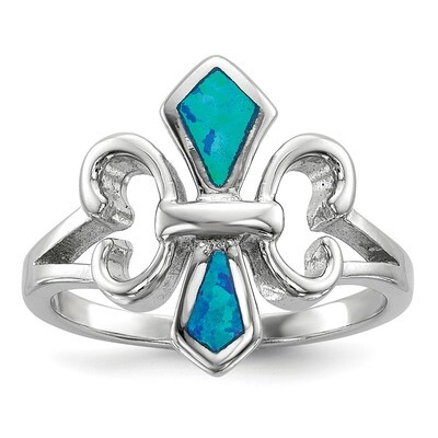 Blue Inlay Created Opal Fleur De Lis Ring Sterling Silver Rhodium-plated QR6573, MPN: QR6573, 19110…