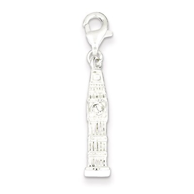 Sterling Silver Polished Clock Tower with Fancy Lobster Clasp Charm QC6903