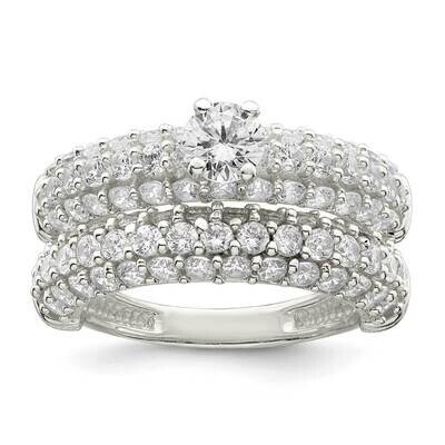 Pave CZ Diamond Wedding Ring Set Sterling Silver Polished QR7304, MPN: QR7304,