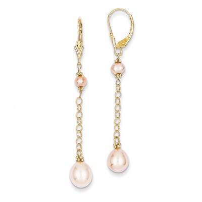 Pink Color Cultured Pearl Leverback Earrings 14k Gold XF226, MPN: XF226, 191101536878