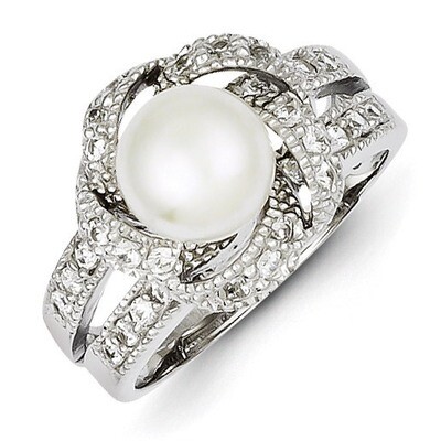 Simulated Pearl and Diamond Ring Sterling Silver QR2162, MPN: QR2162, 191101284380
