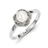 6mm Cultured Button Pearl &amp; Diamond Ring Sterling Silver Rhodium QDX854, MPN: QDX854, 883957561400