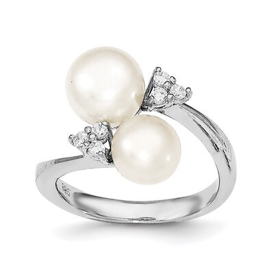 8-9mm White 2-FWC Pearl and CZ Diamond Ring Sterling Silver Rhodium-plated QR6487, MPN: QR6487, 191…
