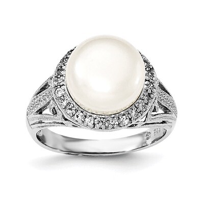 10-11mm White Cultured Freshwater Pearl and CZ Diamond Ring Sterling Silver Rhodium-plated QR6480, …