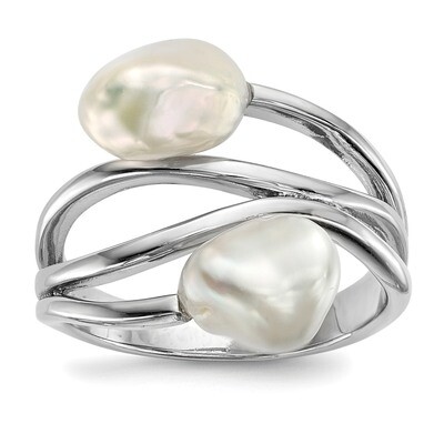 7-8mm White Baroque Cultured Freshwater Pearl Ring Sterling Silver Rhodium-plated QR6557, MPN: QR65…