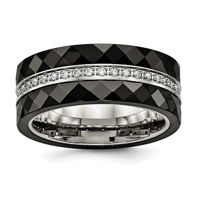 Faceted Black Ceramic CZ Diamond Ring Stainless Steel Polished SR559, MPN: SR559, 191101852800