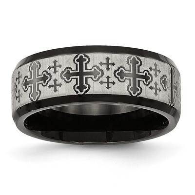 Black IP Laser Etched Pattern Ring Stainless Steel Brushed Polished SR589, MPN: SR589, 886774438344