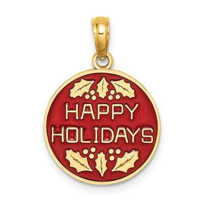 Happy Holidays with Holly On Round Disc Charm 14k Gold Enamel K6960, MPN: K6960, 637218132904