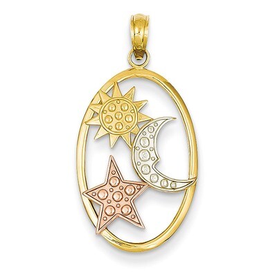 Sun, Moon &amp; Star Oval Pendant 14k Yellow &amp; Rose Gold with Rhodium K3191, MPN: K3191, 637218132270