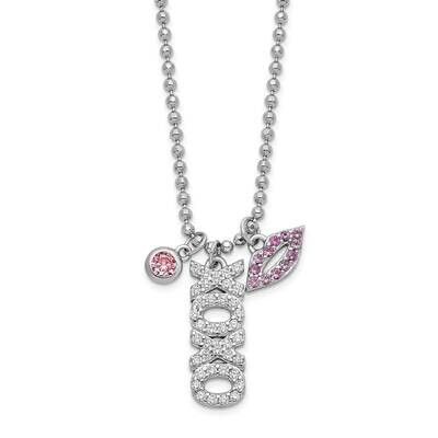 CZ Diamond xoxo and Lips Diamond-Cut Bead Chain Necklace 18 Inch Sterling Silver Rhodium-Plated QG6…