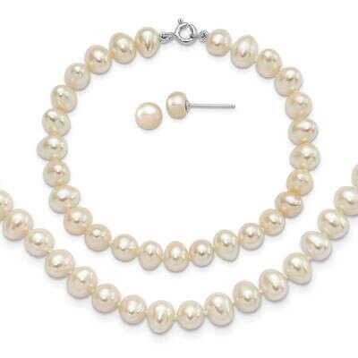 6-7mm Cultured Freshwater Pearl Necklace 7.25 Brace &amp; 1Pc Earring Set Sterling Silver Rhodium-plate…