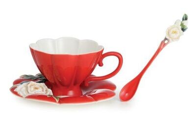 Franz Porcelain Venice Peony Design Sculptured Porcelain Cup/Saucer/Spoon Set FZ02704, MPN: FZ02704,