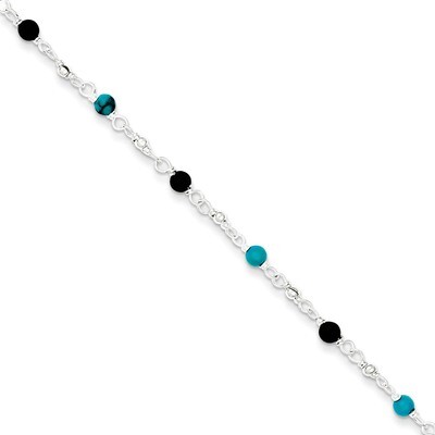 10 Inch Onyx Turquoise Anklet Bracelet Sterling Silver QG1395-10, MPN: QG1395-10, 886774081069