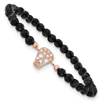 Pink-plated Onyx &amp; CZ Diamond Skull Stretch Bracelet Sterling Silver Rhodium-plated QG3572, MPN: QG…