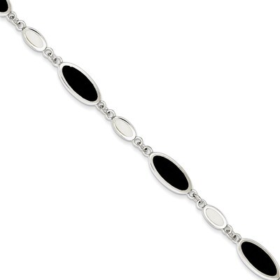 7 Inch Onyx &amp; Mother of Pearl Bracelet Sterling Silver QG2398-7, MPN: QG2398-7, 191101275692