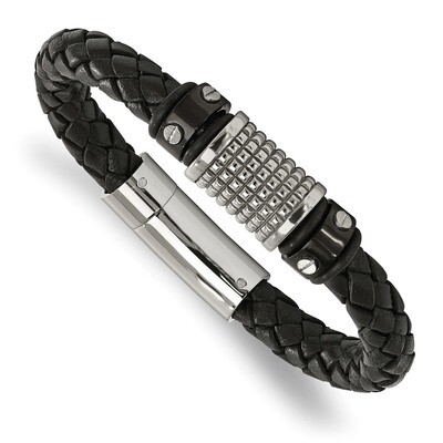 Black IP Black Leather Black Rubber Bracelet Stainless Steel Polished SRB2041-8.5 by Chisel, MPN: S…
