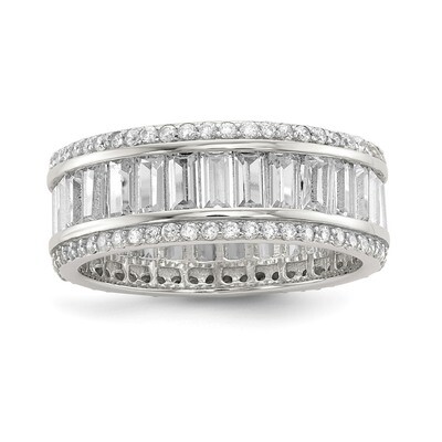 Baguette &amp; Round CZ Diamond Eternity Ring Sterling Silver QR6628, MPN: QR6628,